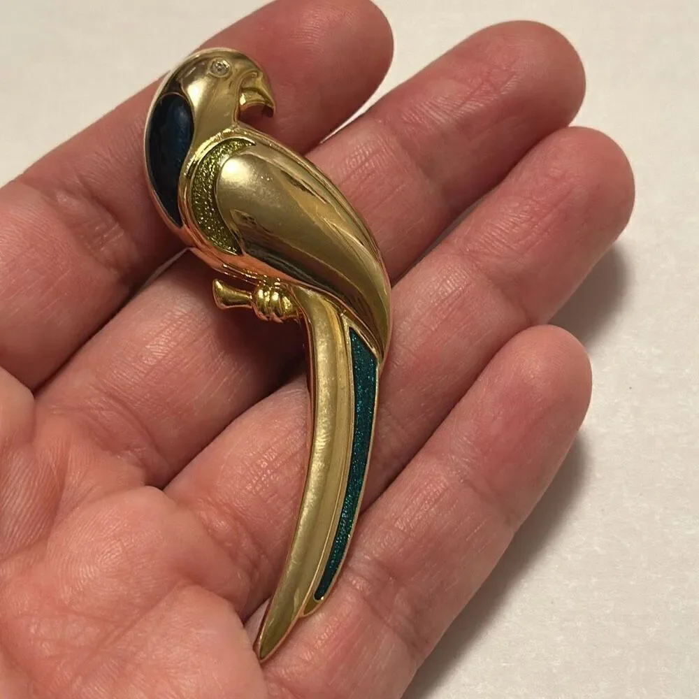 Liz Claiborne Gold Tone Green Enamel Clear Rhinestone Parrot Bird Brooch Vintage